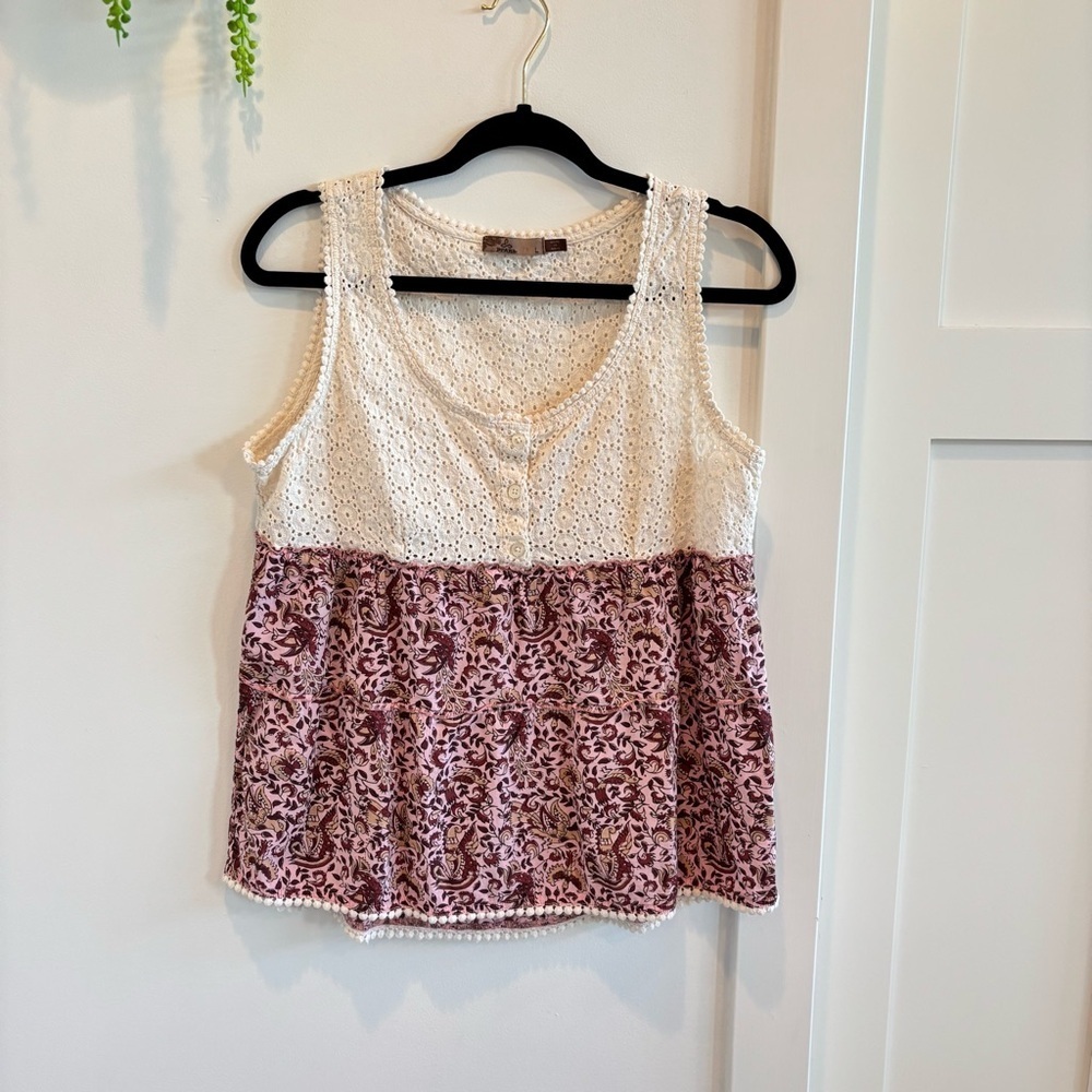 Prana Effie Tank Eyelet Crochet Ivory Lace Boho Burgundy Floral Womens Size L